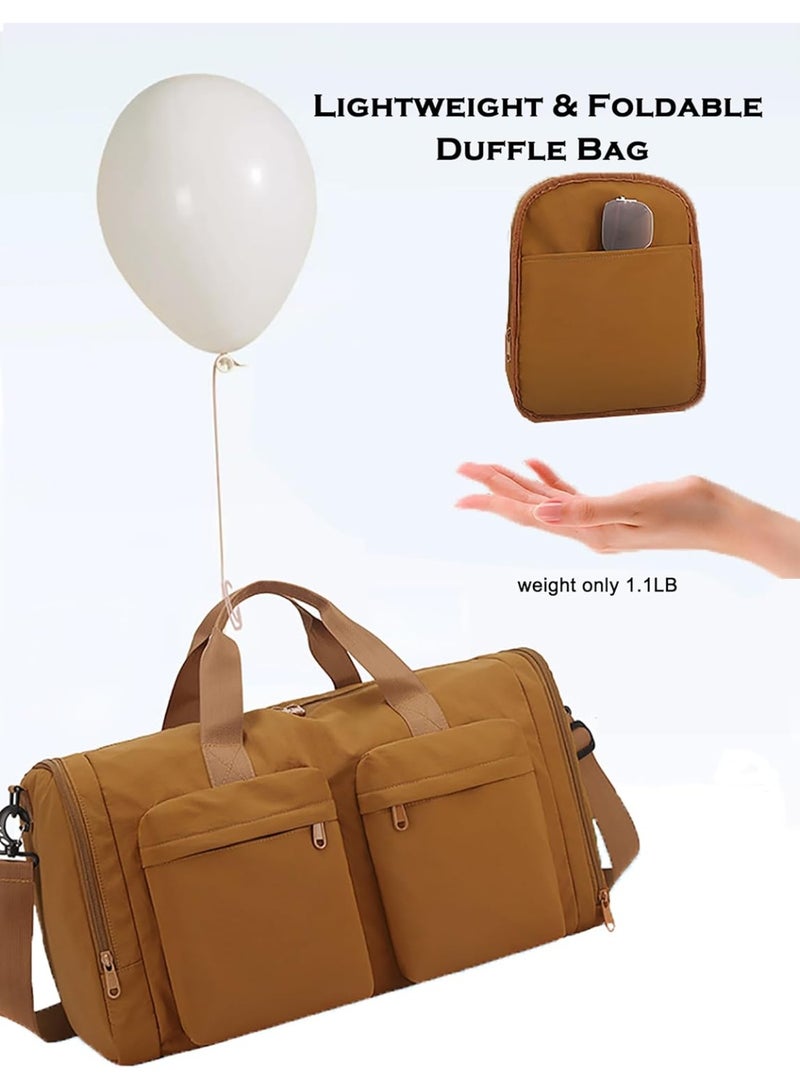 Bukela Foldable Travel Duffel Bag Collapsible Gym Duffle Bag with Shoe Compartment Wet Pocket Trolley Sleeve Carry On Duffel Bag for Men Women (Brown) - Image 3
